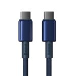 Dwa granatowe wtyki USB-C kabla Baseus Tungsten Gold 100W z logo marki i nylonowym oplotem