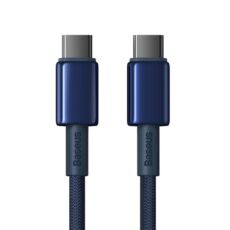 Dwa granatowe wtyki USB-C kabla Baseus Tungsten Gold 100W z logo marki i nylonowym oplotem