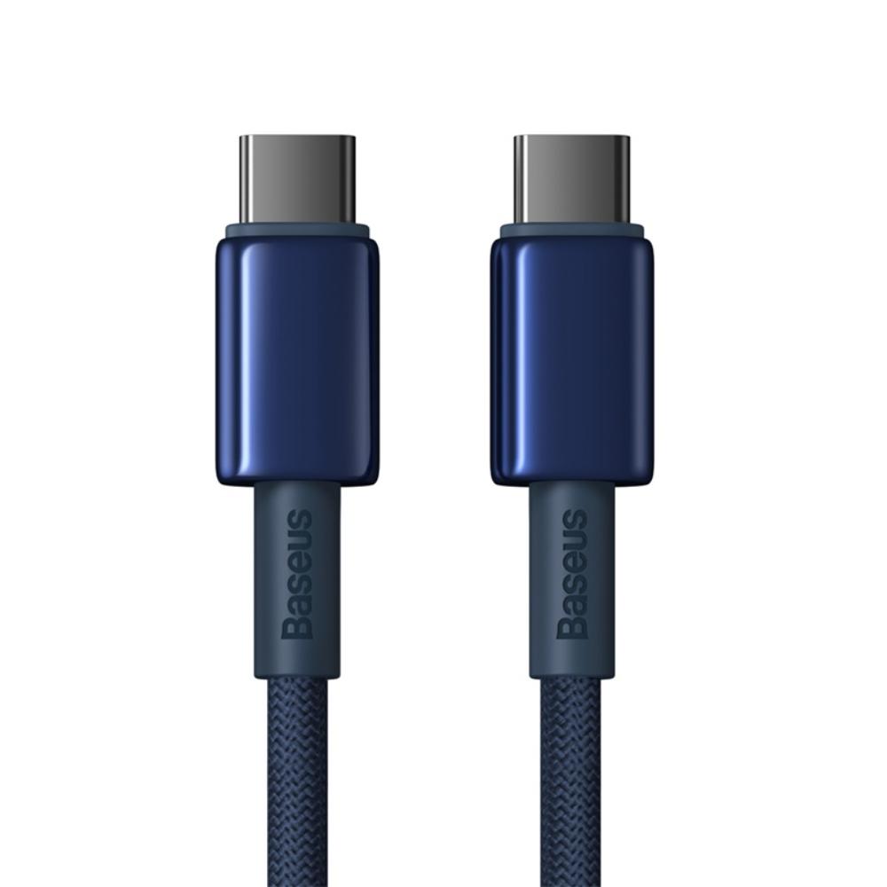 Kabel Baseus Tungsten Gold USB-C 100W 2m granatowy – oba wtyki Dwa granatowe wtyki USB-C kabla Baseus Tungsten Gold 100W z logo marki i nylonowym oplotem