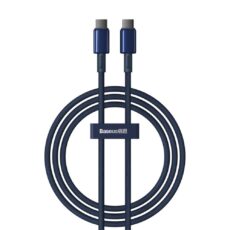 Granatowy kabel Baseus Tungsten Gold USB-C spięty rzepem z logo Baseus, widok z góry