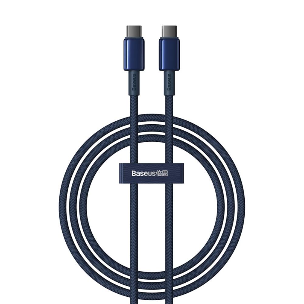 Baseus Tungsten Gold – nylonowy oplot i rzep do zwijania Granatowy kabel Baseus Tungsten Gold USB-C spięty rzepem z logo Baseus, widok z góry