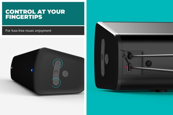 Podświetlane przyciski dotykowe i złącze USB-C głośnika Creative Stage Air V2