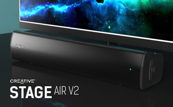 Podświetlane przyciski dotykowe i złącze USB-C głośnika Creative Stage Air V2