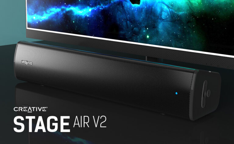 Podświetlane przyciski dotykowe i złącze USB-C głośnika Creative Stage Air V2