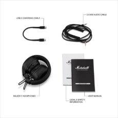 Zawartość zestawu Marshall Major V – kabel USB-C, kabel jack i instrukcja