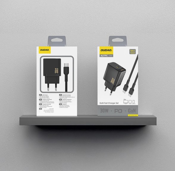 Opakowanie ładowarki Dudao A27PCEU 30W GaN Oryginalne pudełko zestawu Dudao A27PCEU GaN Fast Charger Set 30W z kablem USB-C.
