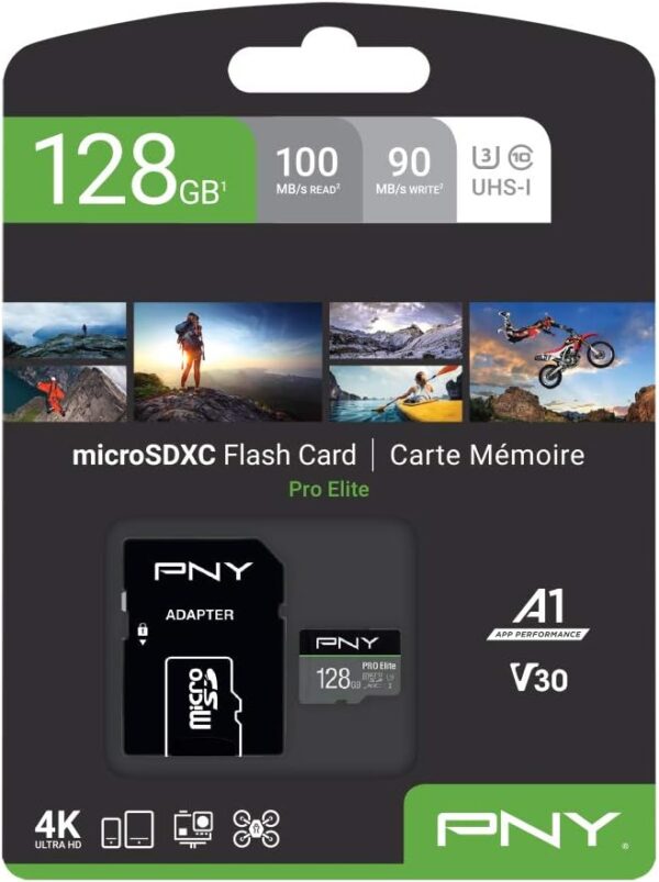 Karta pamięci PNY PRO Elite microSDXC 128GB wraz z dołączonym adapterem SD