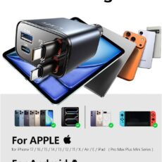 Ładowarka samochodowa LISEN Retractable Car Charger 84W, chowane kable USB-C i Lightning
