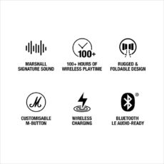 Infografika cech słuchawek Marshall Major V – dźwięk, bateria 100+h, ładowanie bezprzewodowe, Bluetooth LE Audio