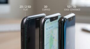 Przekrój krawędzi smartfona pokazujący różnicę między płaskim szkłem 2.5D a zaokrąglonym szkłem 3D nałożonym na ekran