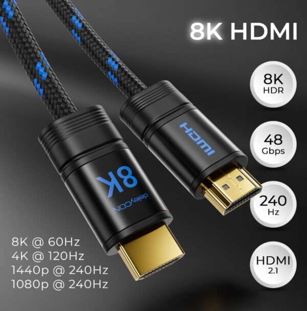 Wtyki kabla deleyCON 8K z listą trybów: 8K 60 Hz, 4K 120 Hz, 1440p i 1080p 240 Hz, 48 Gb/s