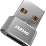 Adapter Dudao L16AC w srebrnoszarej aluminiowej obudowie, wtyk USB-A i gniazdo USB-C, z logo DUDAO na boku