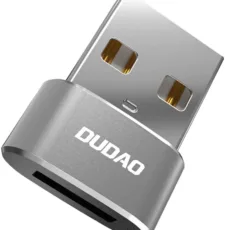 Adapter Dudao L16AC w srebrnoszarej aluminiowej obudowie, wtyk USB-A i gniazdo USB-C, z logo DUDAO na boku