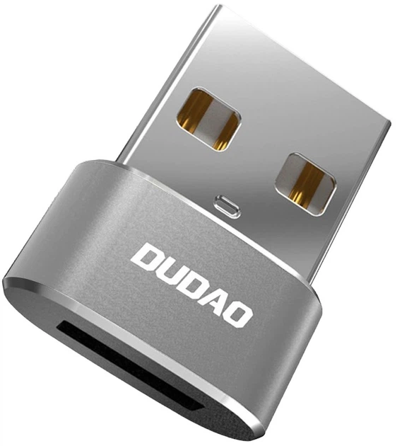 Adapter Dudao L16AC w srebrnoszarej aluminiowej obudowie, wtyk USB-A i gniazdo USB-C, z logo DUDAO na boku