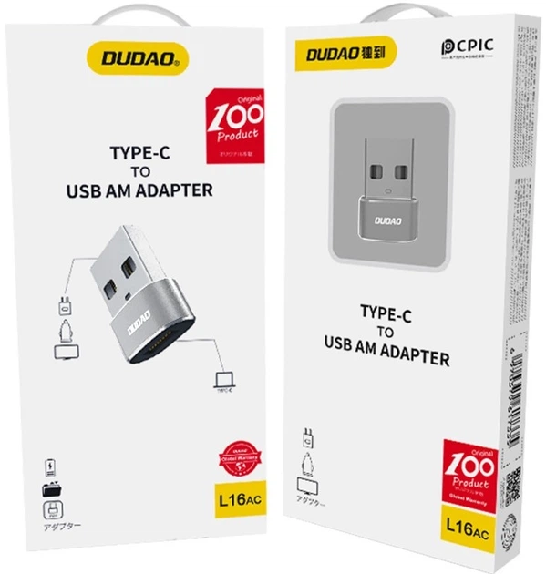 Opakowanie adaptera Dudao L16AC, przednia i tylna strona pudełka z opisem Type-C to USB AM Adapter