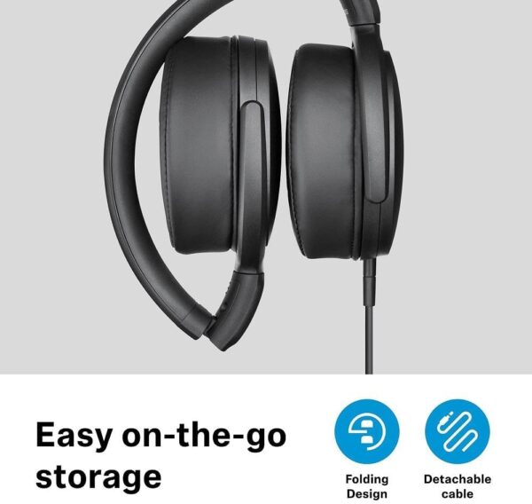 Złożone Sennheiser HD 400S z ikonami składanej konstrukcji i odłączanego kabla