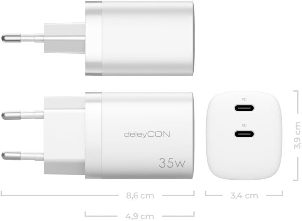 Ładowarka sieciowa deleyCON 2x USB-C 35W PD – biała