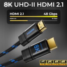 Wtyki kabla deleyCON 8K UHD-II HDMI 2.1 z wykresem 48 Gb/s i oznaczeniami 1080p, 2K, 4K, 8K