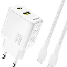 Ładowarka Dudao A27TC 30W GaN w bieli, porty USB-C i USB-A oraz biały kabel USB-C w oplocie – wizualizacja wygenerowana przez AI