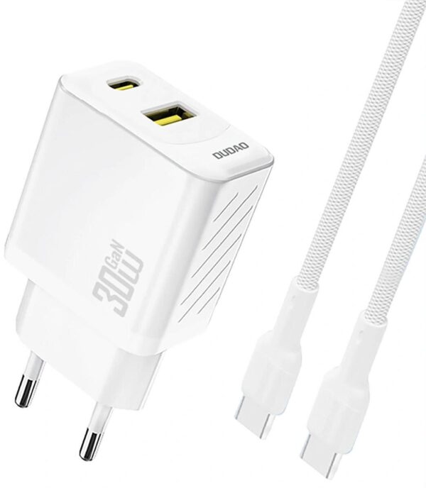 Ładowarka Dudao A27TC 30W GaN w bieli, porty USB-C i USB-A oraz biały kabel USB-C w oplocie – wizualizacja wygenerowana przez AI