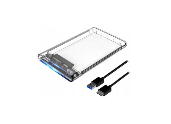 Przezroczysta kieszeń na dysk 2,5 cala SH z widocznym złączem SATA oraz kabel USB 3.0 – wizualizacja producenta