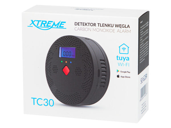 Opakowanie czujnika czadu Xtreme TC30 z oznaczeniem Tuya Wi-Fi i kodem 50-628