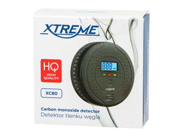 Opakowanie detektora tlenku węgla Xtreme XC80 z wizerunkiem czarnego czujnika z wyświetlaczem LCD