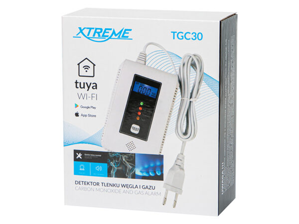Opakowanie czujnika czadu i gazu Xtreme TGC30 z oznaczeniem Tuya Wi-Fi