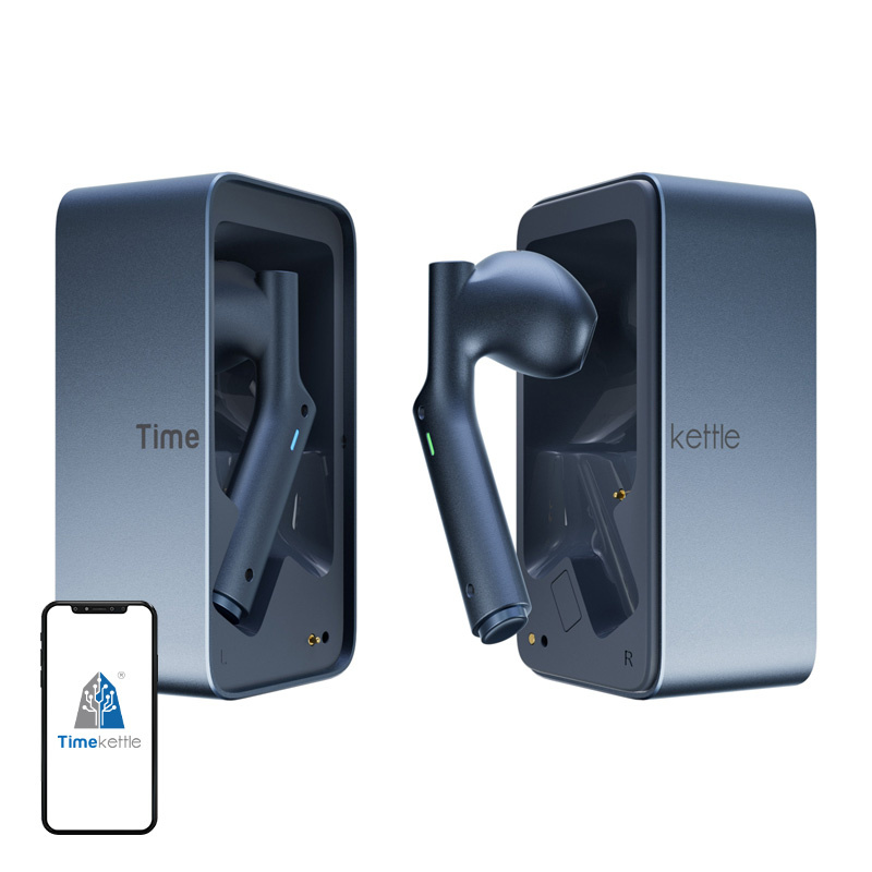 Słuchawki z tłumaczem Timekettle W4 AI – etui L i R Słuchawki z tłumaczem Timekettle W4 AI granatowe w rozdzielonym etui ładującym – połówka L i R