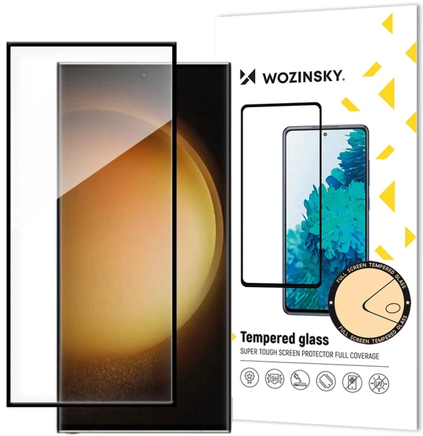 Szkło hartowane Wozinsky Full Glue z czarną ramką nałożone na Samsung Galaxy S24 Ultra, obok opakowanie Tempered glass