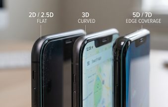 Przekrój krawędzi smartfona pokazujący różnicę między płaskim szkłem 2.5D a zaokrąglonym szkłem 3D nałożonym na ekran