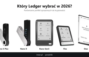 Który Ledger wybrać – portfele sprzętowe Ledger Nano S Plus, Nano X, Nano Gen5, Flex i Stax ustawione obok siebie